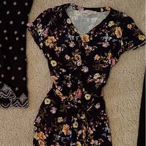 LOFT Black Floral Midi Dress with Tie Waist